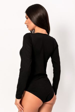 Alternative view of Κορμάκι γυναικείο Kota βαμβακερό μακρυμάνικο μαύρο KT6183