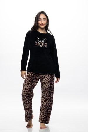 Γυναικεία Βελουτέ πυτζάμα Galaxy “Cat mom” μαύρο 854-26